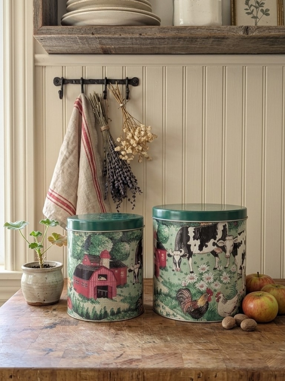Vintage Farmhouse Metal Canisters with Barn & Cow Motifs - Green Tops